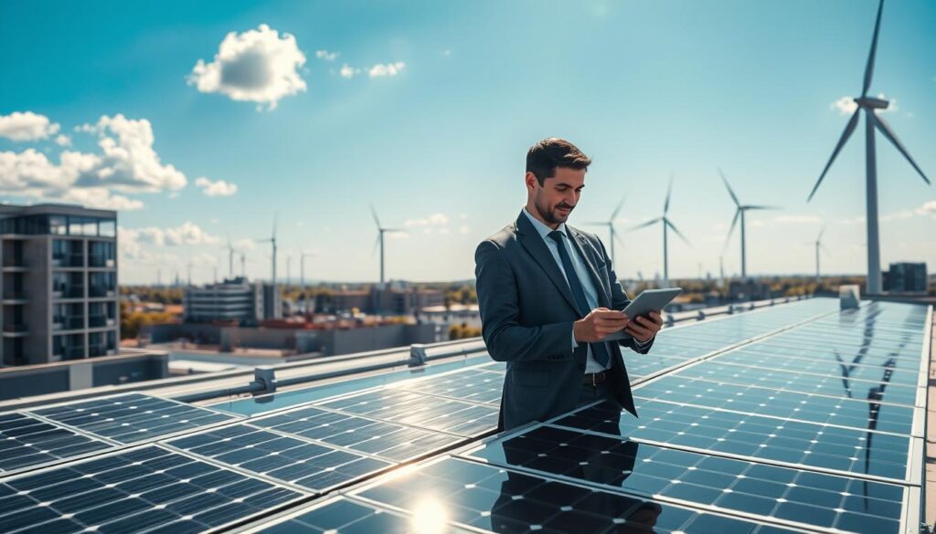 A modern rooftop with solar panels reflecting sunlight, symbolizing self-consumption energy efficiency. In the foreground, a professional in business attire examines a tablet, analyzing data on energy savings and cost efficiency. The middle ground features a thriving urban landscape with buildings enhancing the futuristic feel, while a clear blue sky with a few fluffy clouds provides a bright atmosphere. Soft sunlight illuminates the scene, creating a warm and hopeful mood. In the background, renewable energy wind turbines are visible, emphasizing sustainability. The angle is slightly elevated, offering a comprehensive view of the rooftop and surrounding city, capturing the essence of solar power's profitability and self-consumption alternatives.