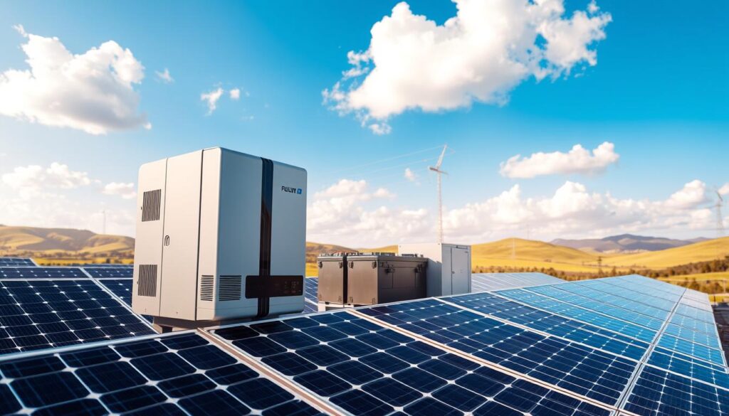 A modern solar energy facility showcasing advanced optimization and energy storage solutions. In the foreground, a sleek solar inverter is displayed prominently, designed with high-tech features, connecting a row of vibrant solar panels that capture sunlight. Midground elements include large batteries and energy storage units, highlighted with soft, natural lighting to convey efficiency and sustainability. The background features a bright blue sky with fluffy clouds and a distant view of green hills, representing a clean and eco-friendly environment. Overall, the atmosphere is one of innovation and hope, emphasizing the importance of renewable energy in everyday life. A modern solar energy facility showcasing advanced optimization and energy storage solutions. In the foreground, a sleek solar inverter is displayed prominently, designed with high-tech features, connecting a row of vibrant solar panels that capture sunlight. Midground elements include large batteries and energy storage units, highlighted with soft, natural lighting to convey efficiency and sustainability. The background features a bright blue sky with fluffy clouds and a distant view of green hills, representing a clean and eco-friendly environment. Overall, the atmosphere is one of innovation and hope, emphasizing the importance of renewable energy in everyday life.