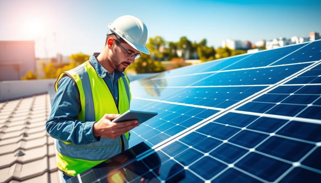 A modern solar energy installation featuring sleek, high-efficiency solar panels mounted on a contemporary rooftop. In the foreground, a professional technician in a hard hat and safety vest examines the solar system, holding a tablet displaying analytics. In the middle ground, the rooftop has a clear blue sky, with sunlight reflecting off the panels, showcasing the technology's effectiveness. The background includes a bright urban landscape with green trees and buildings, symbolizing sustainability. The lighting is bright and warm, creating an optimistic atmosphere. The camera angle is slightly elevated to capture both the technician's concentration and the expansive view of the solar panels, emphasizing the theme of optimizing solar energy systems with EDF OA.