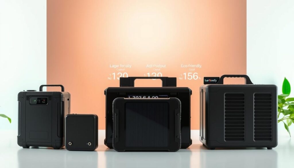 A side-by-side comparison of different solar battery models in a sleek, modern presentation. In the foreground, three distinct solar battery units arranged neatly, each with varied designs—one compact and portable, another larger with advanced features, and the third an eco-friendly model. The middle ground features a subtle gradient backdrop highlighting technical specifications like capacity and output, illuminated by soft lighting that enhances the products’ sleek surfaces. The background should be minimalist, perhaps with a hint of greenery to evoke sustainability. The atmosphere is professional and informative, aimed at a tech-savvy audience, with a focus on clarity and detail in the product features.