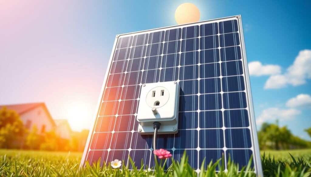 A solar panel with a 220V outlet prominently displayed in the foreground, showcasing its sleek design and clear connections. The panel is set against a bright, sunny backdrop with a vibrant blue sky, emphasizing renewable energy. In the middle ground, a well-maintained garden adds a touch of nature, with green grass and a few flowers surrounding the base of the panel. The sun casts warm, natural lighting, highlighting the panel's surface texture and electrical components. The angle captures the front view of the panel, allowing a clear view of the outlet. The overall atmosphere is one of innovation and sustainability, inviting viewers to consider the advantages of solar energy for residential use. A solar panel with a 220V outlet prominently displayed in the foreground, showcasing its sleek design and clear connections. The panel is set against a bright, sunny backdrop with a vibrant blue sky, emphasizing renewable energy. In the middle ground, a well-maintained garden adds a touch of nature, with green grass and a few flowers surrounding the base of the panel. The sun casts warm, natural lighting, highlighting the panel's surface texture and electrical components. The angle captures the front view of the panel, allowing a clear view of the outlet. The overall atmosphere is one of innovation and sustainability, inviting viewers to consider the advantages of solar energy for residential use.
