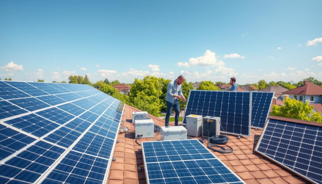 A vibrant and detailed illustration showcasing multiple solar plug-and-play kits interconnected on a sunny day. In the foreground, various solar panels are arranged neatly on a well-maintained rooftop, with clear blue skies and soft sunlight illuminating them. Show professionals in smart casual attire, actively connecting the kits, emphasizing teamwork and innovation. In the middle ground, include storage solutions such as sleek virtual batteries, visually demonstrating the energy flow between the kits. In the background, depict a suburban neighborhood with green trees, enhancing the eco-friendly atmosphere. Use a wide-angle perspective to capture the entire scene, conveying a sense of cutting-edge technology and sustainability. The overall mood is optimistic and forward-thinking, focusing on renewable energy solutions.